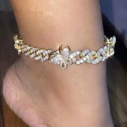 Iced Out Butterfly Anklet Bracelet Crystal Rhinestone Hip Hop Cuban Chain Anklets for Women Boho Beach Foot Jewellery Vintage Personality 297Z