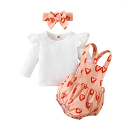 Clothing Sets 0-18M Baby Girls Romper Set Long Sleeve T-shirt Heart Print Suspender Bowknot Hairband