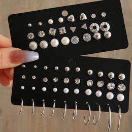 Zircon Crystal Pearl Earrings Set Fashion Silver Color Geometric Metal Bead Ear Studs For Women Girls 2024 Trend Jewelry 240511