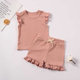 8-color Suit Summer Toddler Girl Ruffle Sleeve 2pcs Set Solid Sleeveless T-shrits Top and Shorts Outfit for Girls