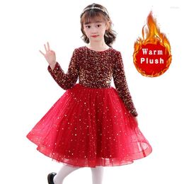 Girl Dresses Winter Red Sequined Knee-Length Sleeves Kids Junior Princess Fluff Lining Flower Girls Dress Birthday Wedding Party Tulle Gown