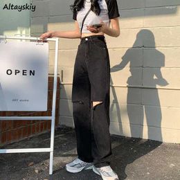 Women's Jeans Women Knee Holes High Waist Straight Full Length Ripped Trousers Fashionable All-match Baggy Streetwear Washed Vintage