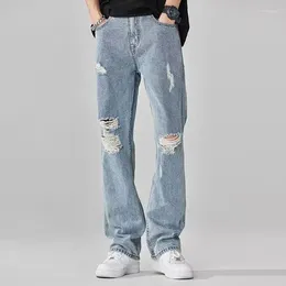 Men's Jeans Light Blue Trousers With Holes Broken Man Cowboy Pants Torn Ripped Straight For Men Spring Autumn 2024 Trend Cotton