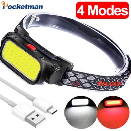 Powerful LED Headlamps USB Rechargeable COB Headlight with Red Light 4 Modes Waterproof Portable Night Fishing Head Lamp Torch