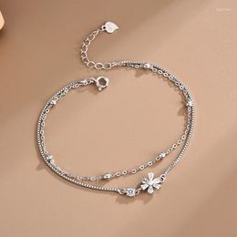 Charm Bracelets 925 Silver Plated Double Layer Chain Crystal Flower Bracelet For Women Girls Cute Birthday Wedding Jewelry Party Gift E174