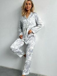 Home Clothing Marthaqiqi Loose Women'S Nightgown Suit Printing Turn-Down Collar Sleepwear Long Sleeve Nightwear Pants Casual Ladies Pyjama