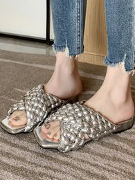 Summer Women Comfortable Cross Strap Weave Slides Shoes Slip On Loafers Female Low Heels Soft Leather Casual Outside Slippers 240516