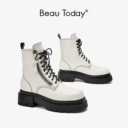 Boots BeauToday Platfrom Ankle Women Cow Leather Round Toe Lace Up Closure Zipper Sewing Ladies Motorcycle Shoes Handmade 03545