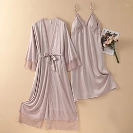 Home Clothing Bathrobe Gown Suit Summer Silky Satin Kimono Sleepwear Clothes Green 2PCS Robe Set Nightgown Women Nightdress Loungewear