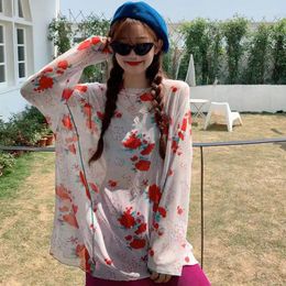 Women Mesh Print Tshirt Summer Long Sleeve Loose Beach Cover Up Plus Size Flower Sheer Cute Tops