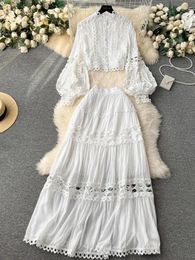 Work Dresses 2024 Fashion Designer Embroidery Hollow Out Two Piece Set Women's Stand Lantern Sleeve Shirt Top Lace Stitching Maxi Skirts