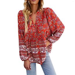 Women's Blouses Vintage Floral Print Boho Shirts For Women Pullover Bohemian Beach Long Sleeve V Neck And Loose Tunic Tops Camisa