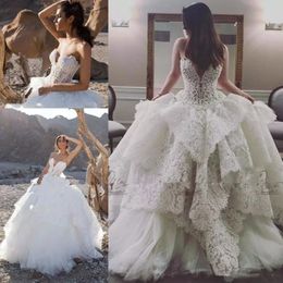 Luxury Strapless Lace Pealrs Garden A Line Wedding Dresses Puffy Tiered Skirts Dubai Arabic Church Plus Size Wedding Gowns 308y