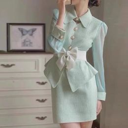 Spring Autumn Sweet Tweed Bodycon Skirt Suit Women Cute Bow Belt Elegant Tops Mini Skirts Green Office Set Womens 2 Pieces Chic 240516