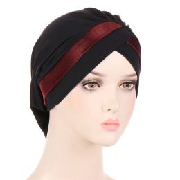 Glitter Underscarf Muslim Turban Pleated Cross Hair Loss Cap Beanies Women Chemo Cap Inner Hijab Hat Bonnet Headwrap Scarf Cover
