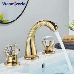 Bathroom Sink Faucets Gold Waterfall Basin & Cold Water Faucet Countertop Mounted Crystal Handle High Quality Brass