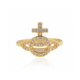 Fashion Westwoods Full of Diamond Saturn Smiling Face Cross Ring Female Unique Design Sense Planet High Version Nail