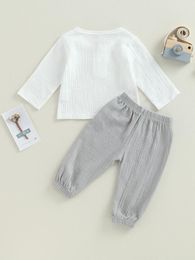 Clothing Sets Baby Boy Girl Clothes Toddler Cotton Linen Outfit Muslin Long Sleeve T-Shirt Tops Pants Set (A-White Grey 12-18 Months)