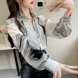 Women's Blouses Elegant Printing Loose Chiffon Blouse Spring Long Sleeve Polo Neck Office Shirt Tops Vintage Fashion Women Clothing