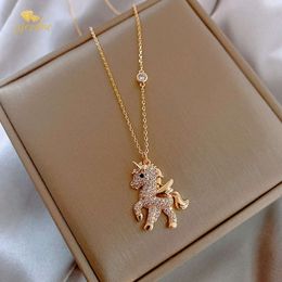 Women unicorn pendant chain Necklace and earrings set fashion cute cartoon diamond titanium steel Designer Jewellery bling accessories for girl