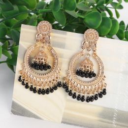 Classic Vintage Gold Color Round Dangle Earrings Women's Bohemian Flower Bells Pearl Tassel Earrings Jhumka Indian Jewelry