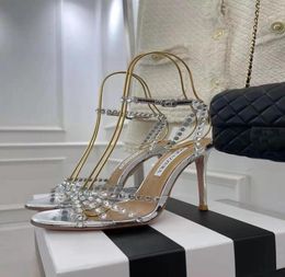 Nuova stagione Aquazzura Shoes Tequila Sandals 105 Sparkling Party Italia Clear Pvc Crystals Cucciolo Tacco da sposa 4075284