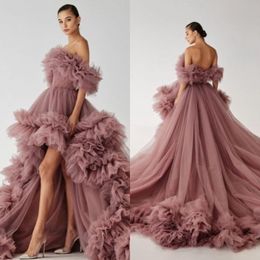 2022 High Low Prom Party Dresses Fluffy Ruffled Tulle Off the Shoulder Formal Evening Gowns Strapless Photo Shoot Photography Dress 294p