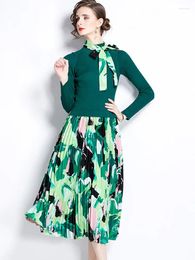 Sıradan Elbiseler Kadın Örme Patchwork Baskı Midi Elbise Sonbahar Kış Uzun Kollu Beltizek Dikiş Pileli Ol Bir Parçalı Eşarp