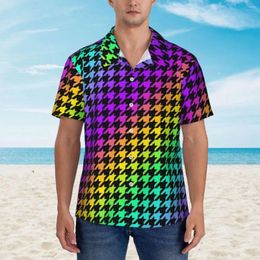 Men's Casual Shirts Houndstooth Plaid Shirt Geometric Print Vintage Hawaiian Men Short Sleeves Beach Korean Fashion Oversized Blouses