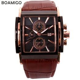 BOAMIGO men quartz watches large dial fashion casual sports watches rose gold sub dials clock brown leather male wrist watches 210310 235J