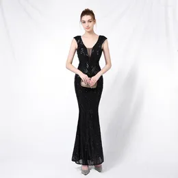 Party Dresses Black Mermaid Long Formal Evening Dress V Neck Backless Stretched Sequined Prom Gowns Plus Size 2024 Vestido De Festa
