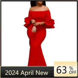 Ethnic Clothing Spring Sexy Off The Shoulder Split Evening Dress Women Fashion Solid Slash Neck Long Sleeve Floor Party