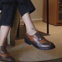 Casual Shoes Oxfords Handmade Women High Quality Cow Skin Flats Brogue Wingtip Derby Patchwork Real Leather Round Toe 34 Lace Up Brown