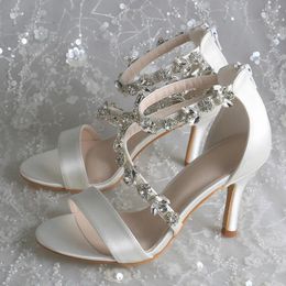 Kleiderschuhe locken maßgeschneiderte High Heel -Sandalen für Party und Hochzeiten Elfenbein Satin Damen Braut mit Kristallkette 7,5 cm