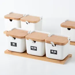 Storage Bottles Creative Kitchen Square Ceramic Seasoning Jar With Wooden Lid Home Use Set