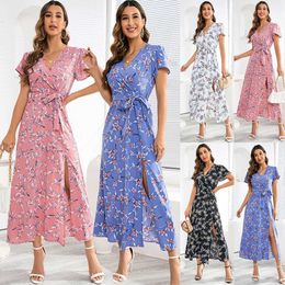 Basic Casual Dresses Floral V-neck Slit Skirt | Bohemian Chiffon Maxi Dress for Women 20248263