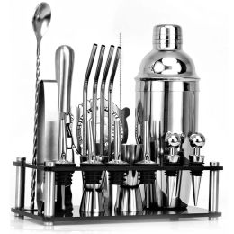 20Pcs Cocktail Shaker Set Mixer Drink Bartender Kit 350/550/750ml Stainless Steel Bars Set Tools With Rack Stand for Bar Party