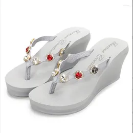Slippers Platform Beach Sandals Women's Rhinestone 7.5CM High Heel Wedge Shoes Crystal Flip Flops Black Gray Size 35-39