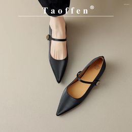 Casual Shoes Toffen Ballet Flats For Women Genuine Leather Solid Pointed Toe Low-heeled Pumps Comfortable Strap Button Lady