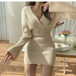 Casual Dresses Women Long Sleeved A-line Short Knitted Dress Solid V Neck Sweater Sexy Autumn Female Slim Street Wear