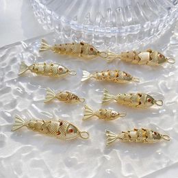 Charms 1PC Gold Color Metal Fish Shaped Pave Red Zircon Ocean Jewelry Pendants For Diy Necklace Bracelet Making Supplies