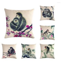 Pillow Chinese Ink Painting Monkey Golden Cotton Linen Decorative Throw Cover Decor Pillows S Covers ZY378