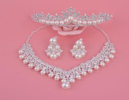 Bride Crystal Pearl Costume Jewellery sets New Design Rhinestone Choker Necklace Earrings Tiara Bridal Women Wedding Jewellery Set3581473