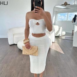 Work Dresses HLJ Spring Knitting Y2K Skinny Skirts Two Piece Sets Women Hollow Sleeveless Backless Tube Outfits Female Streetwear