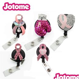 Key Rings Fashion Medical Retractable Card Holder Breast Cancer Awareness Pink Ribbon Id Working Reel For Nurse Accessories Drop Del Dhrzt