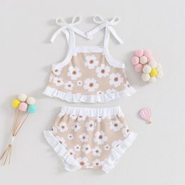 Clothing Sets Summer Born Baby Girls 2Pcs Outerwear Set Floral Tie-Up Straps Sleeveless Vest Elastic Waist Shorts Kids Suit