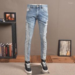 Men's Jeans Men Light Blue Ripped Patchwork Autumn Streetwear Slim Fit Pencil Pants Korean Style Casual Denim Trousers CP2024