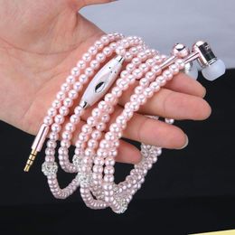 Pearl Necklace Earphone In-Ear Pink Rhinestone Necklace Jewelry Beads Earphones With Mic For Samsung Xiaomi Brithday Girls Gifts