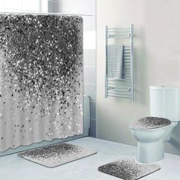 Shower Curtains Elegant Shiny Silver Gray Glitter Falling Confetti Curtain Set For Bathroom Sparkling Gold Glam Bath Mats Decor