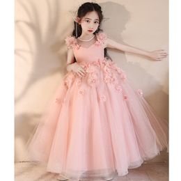 pink Tulle Flower Girl Dress Bows Childrens First holy Communion Dress Princess Ball Gown Wedding Party Dresses 3D flowers luxury Ball Gown Pageant Dresses For Girls